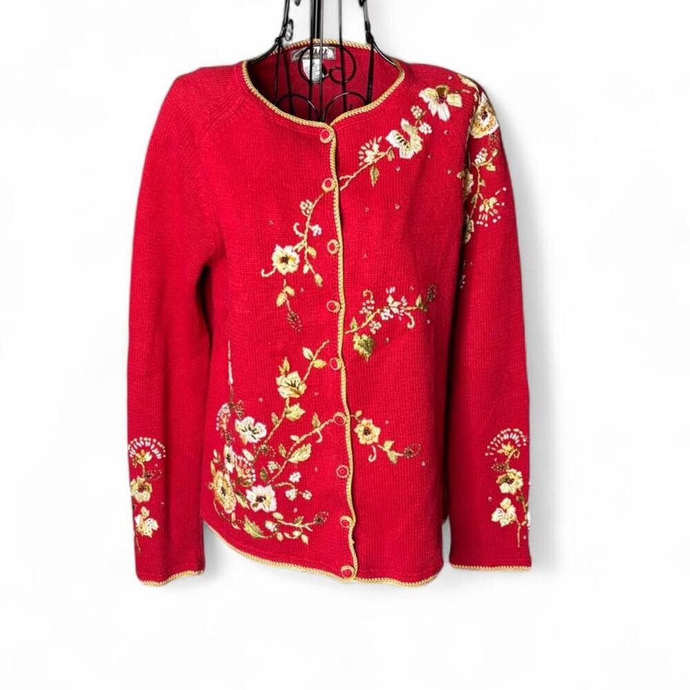 VTG Tiara International Red Floral Embroidered Cardigan Small Y2K Gold Trim